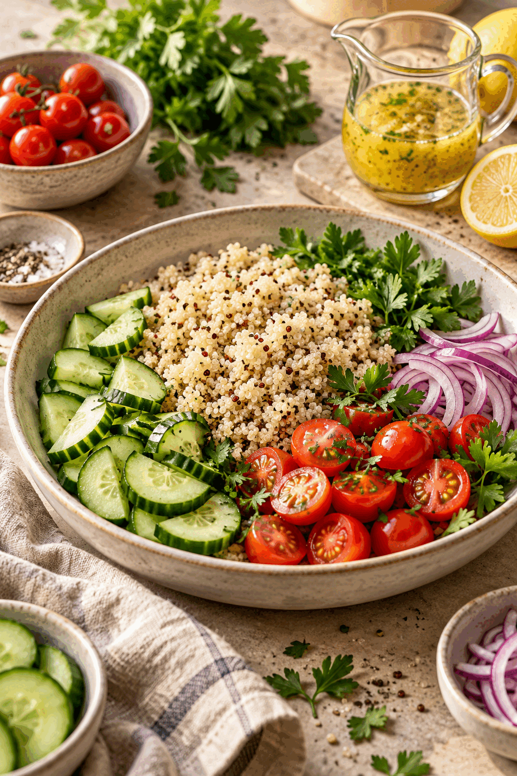 quinoa salad ingredients measured and arranged