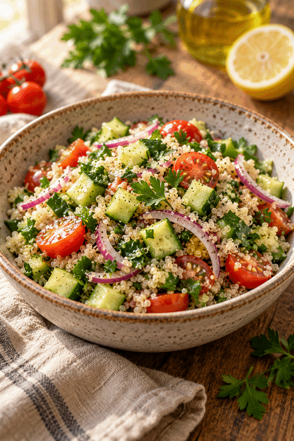 fresh quinoa salad served in a bowl