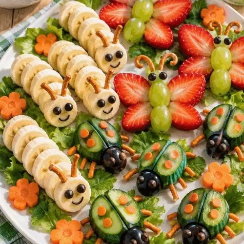 Fruit and vegetable bug snacks arranged on a platter