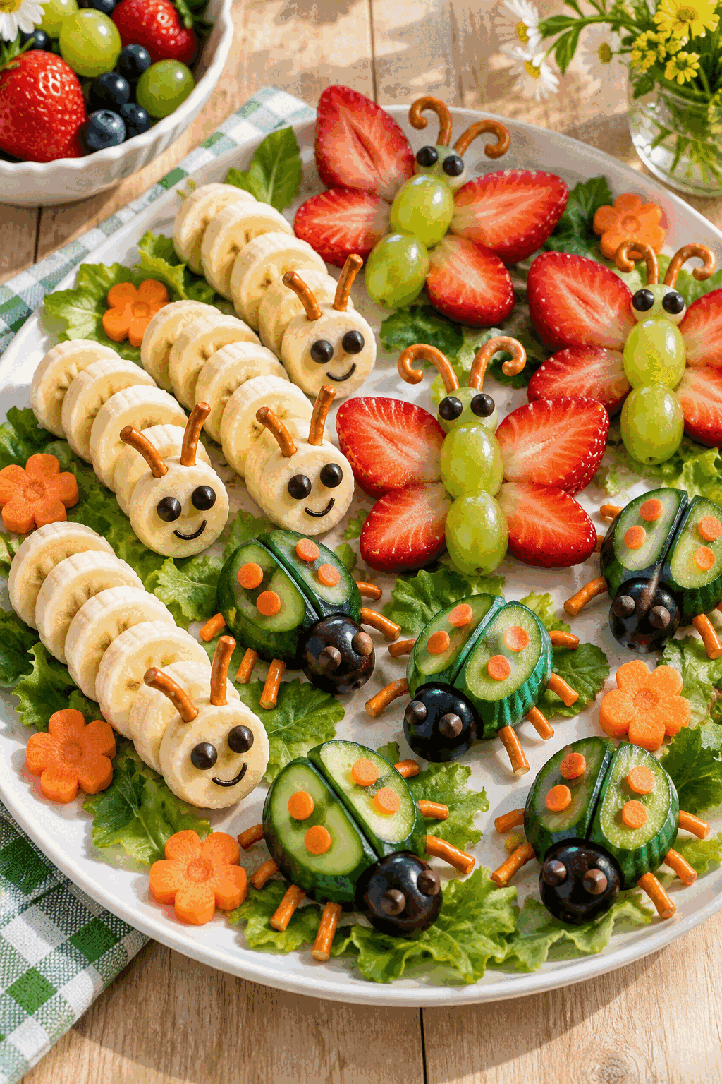 Fruit and vegetable bug snacks arranged on a platter
