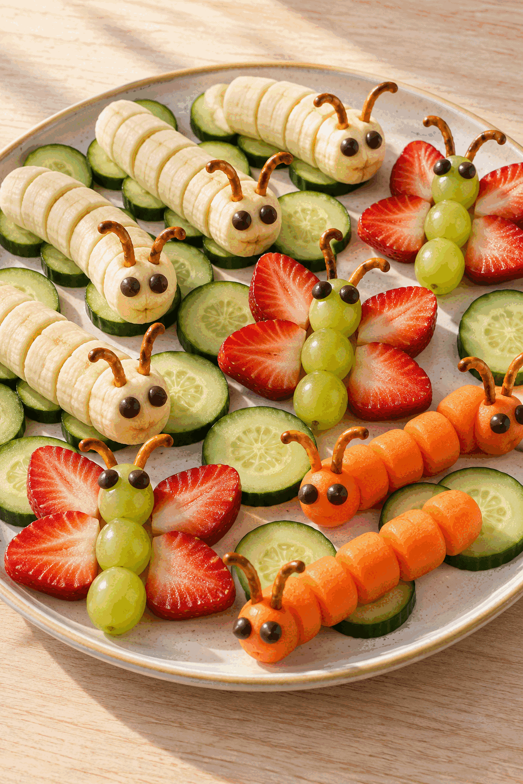Sliced fruit snacks with cucumber, grapes, and baby carrots