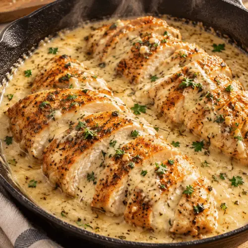 Garlic parmesan chicken in creamy skillet sauce