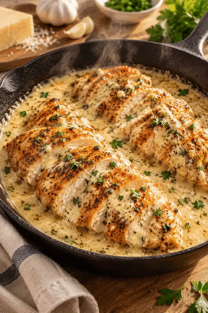 Garlic parmesan chicken in creamy skillet sauce