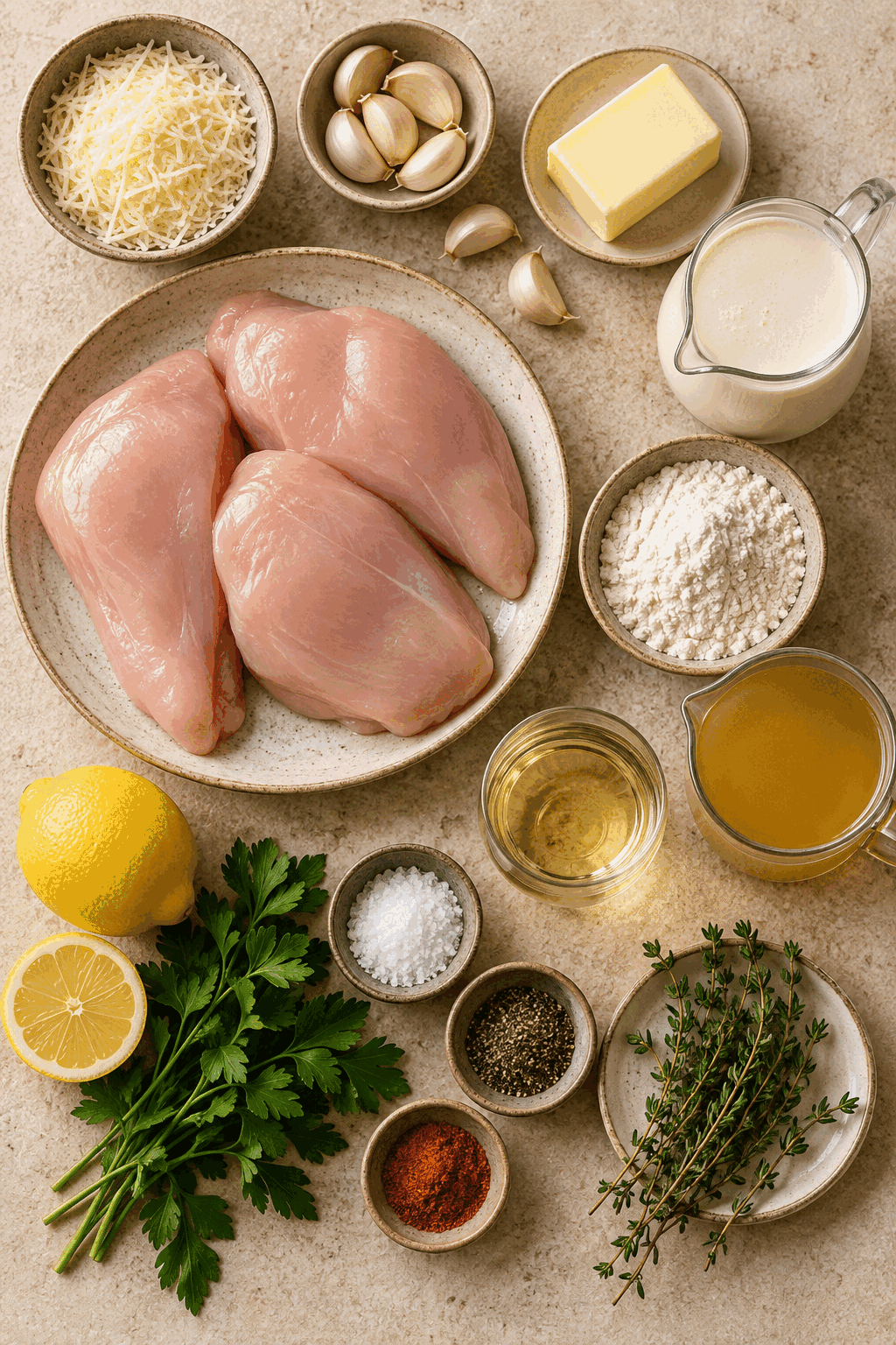 Ingredients for garlic parmesan chicken arranged for cooking