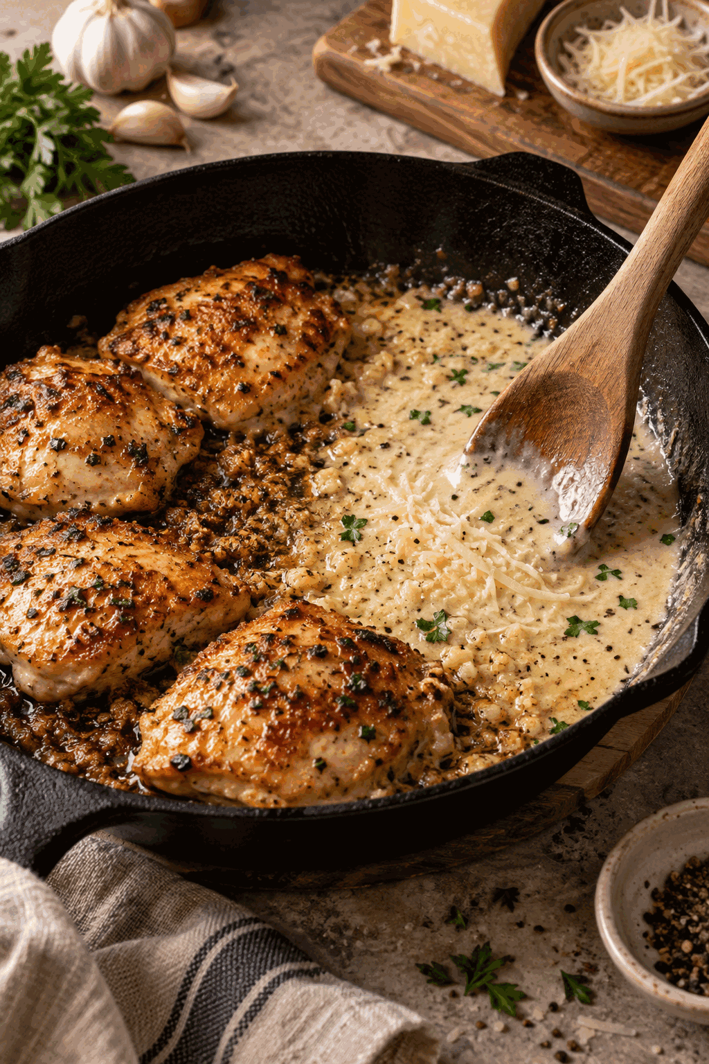 Skillet process for garlic parmesan chicken and creamy sauce