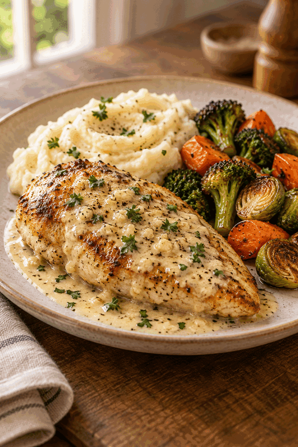 Finished garlic parmesan chicken with mashed potatoes and roasted vegetables