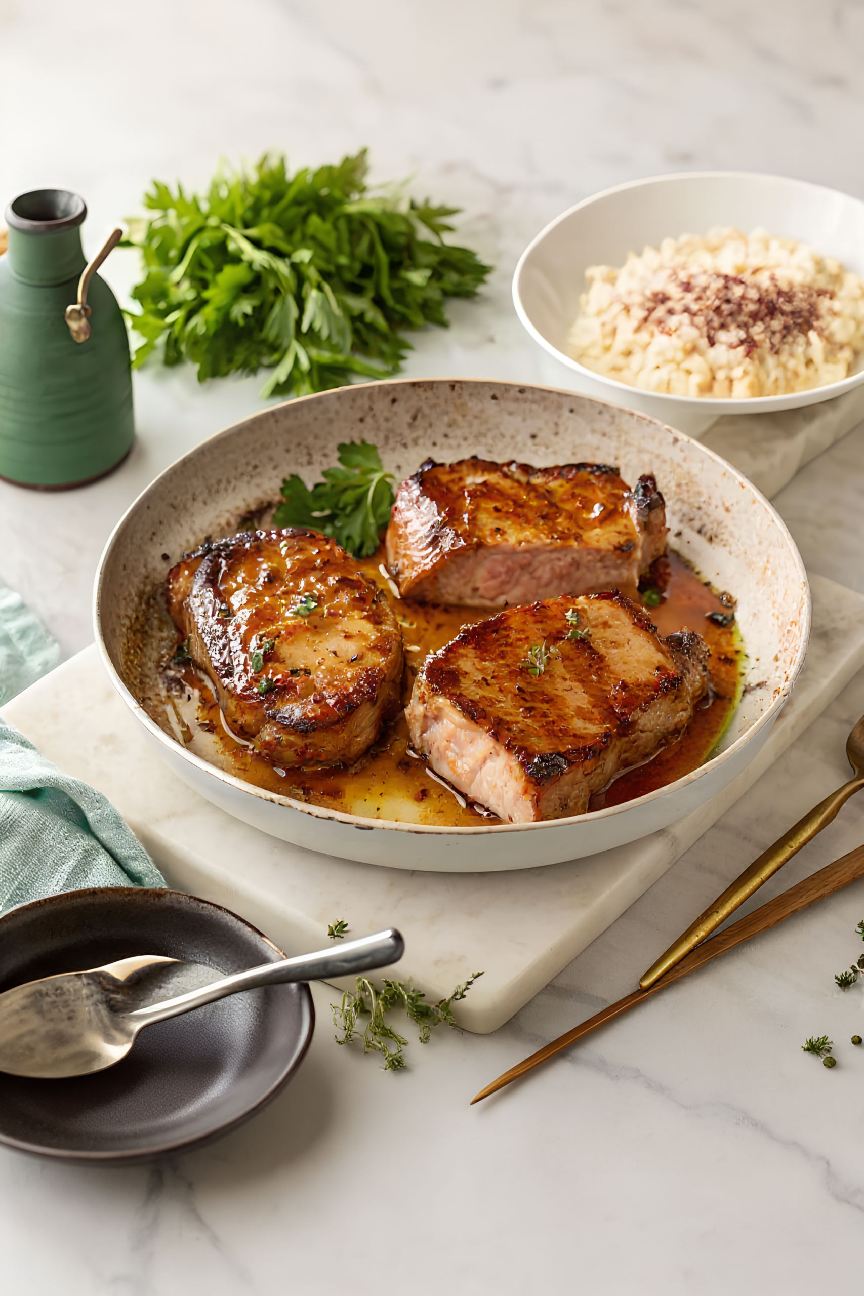 glazed pork chops served and ready to eat