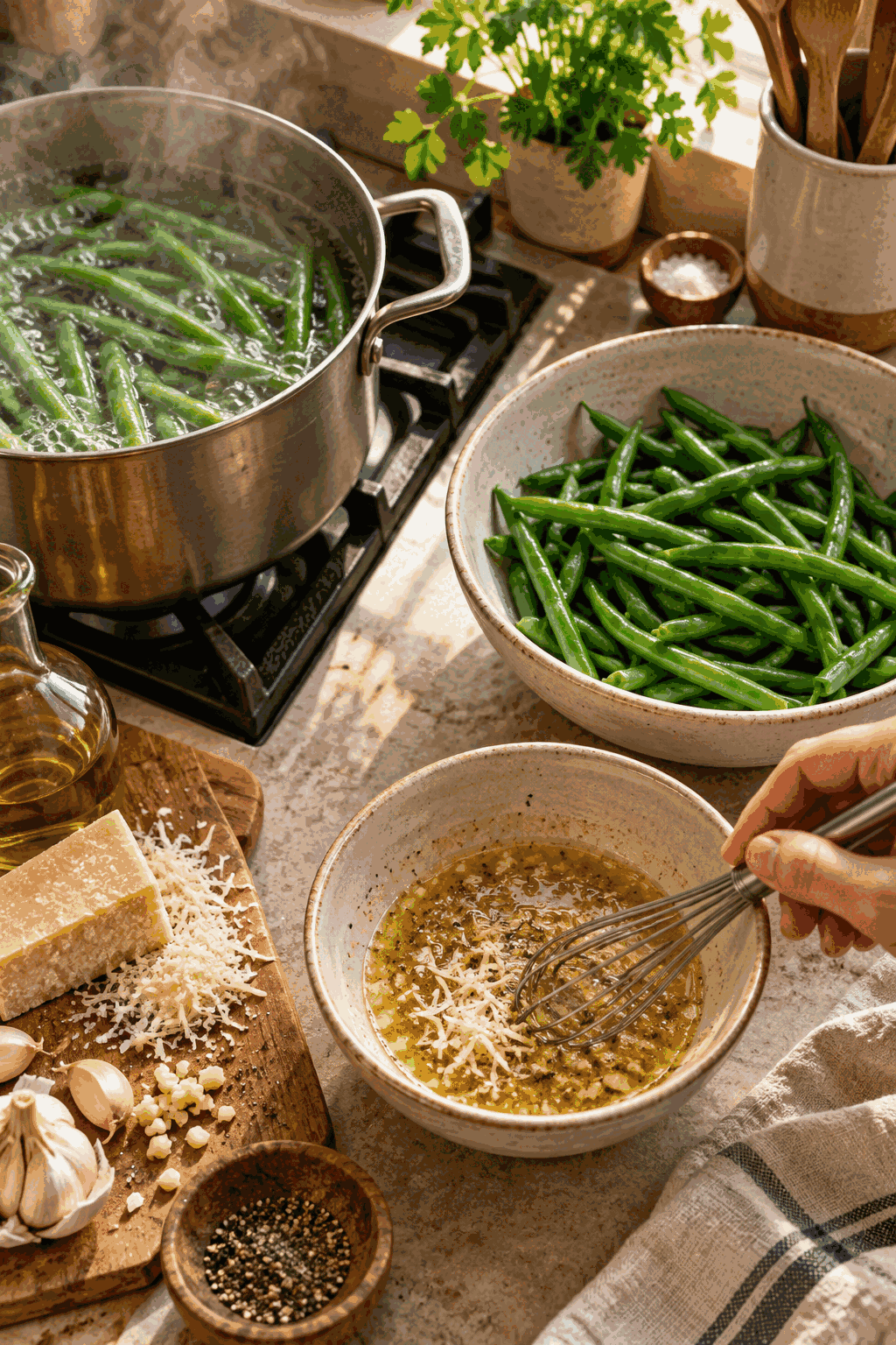 green bean and egg salad preparation