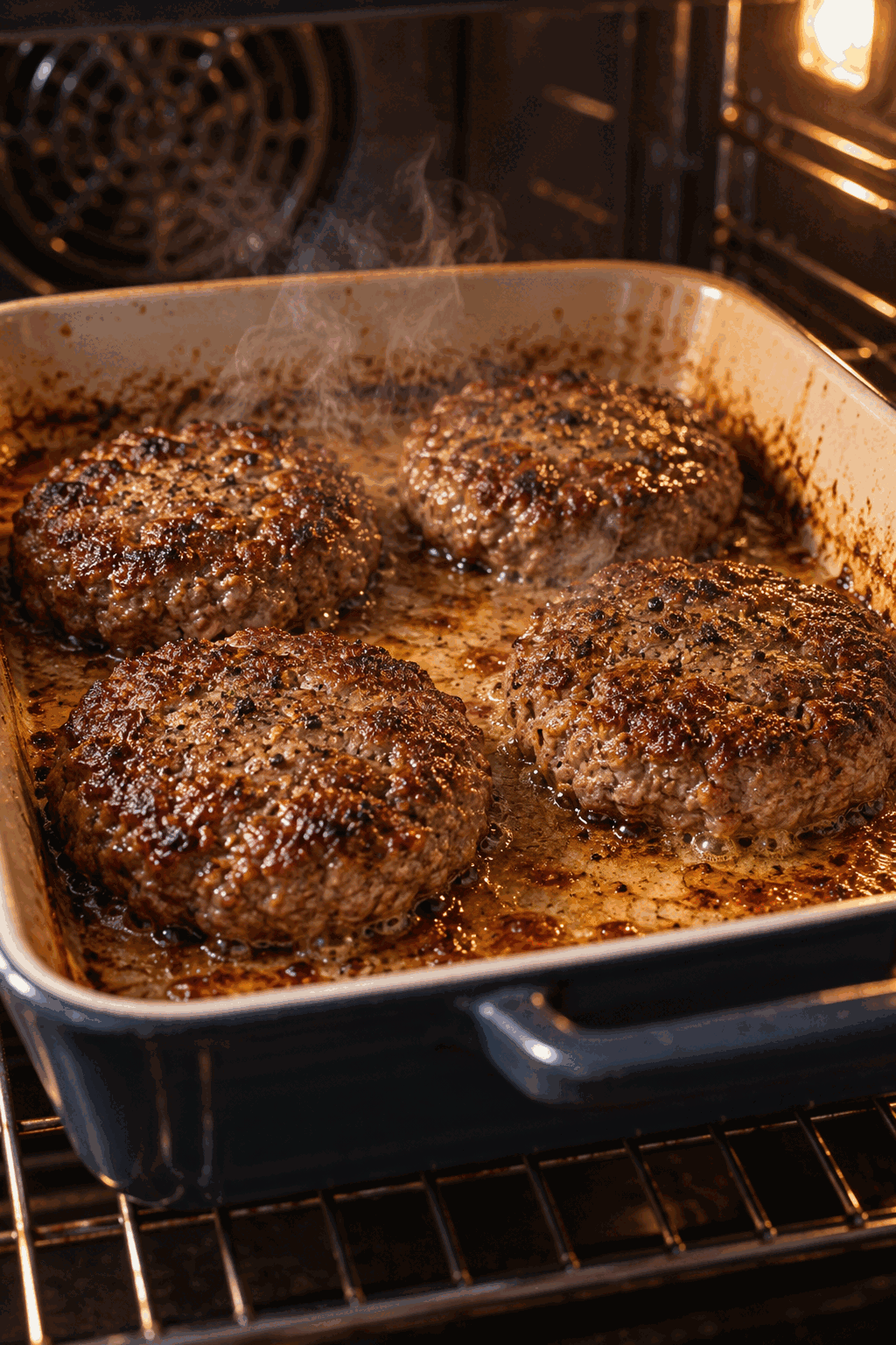 Seasoned burger patties baking in the oven