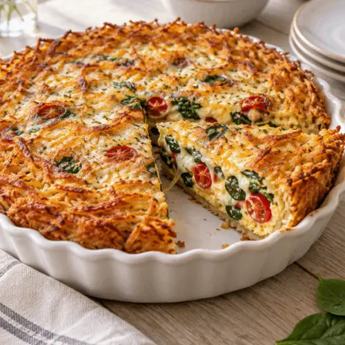 Hash browns spinach tomato pie with golden crust