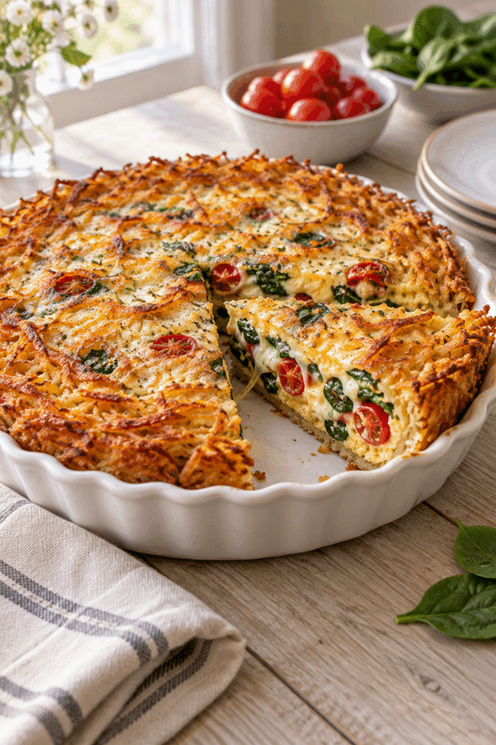 Hash browns spinach tomato pie with golden crust