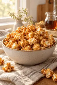 Healthy caramel popcorn in a serving bowl