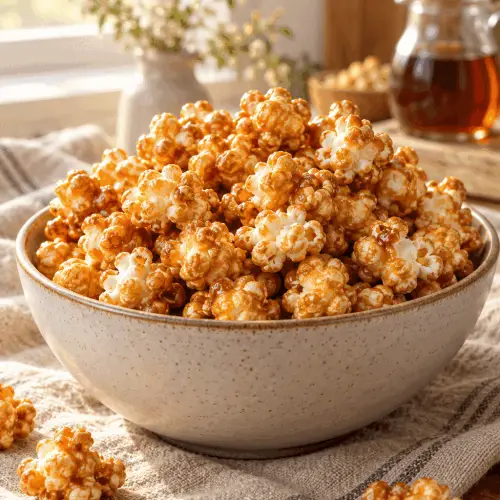 Healthy caramel popcorn in a serving bowl