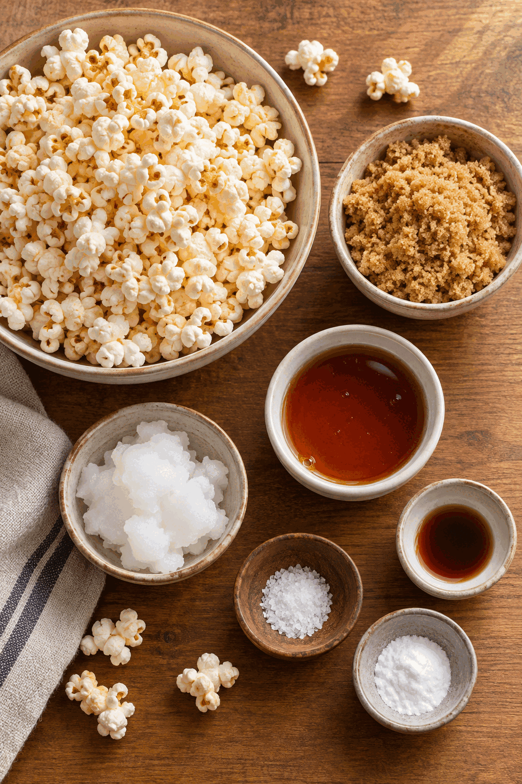 Ingredients for healthy caramel popcorn arranged for the recipe