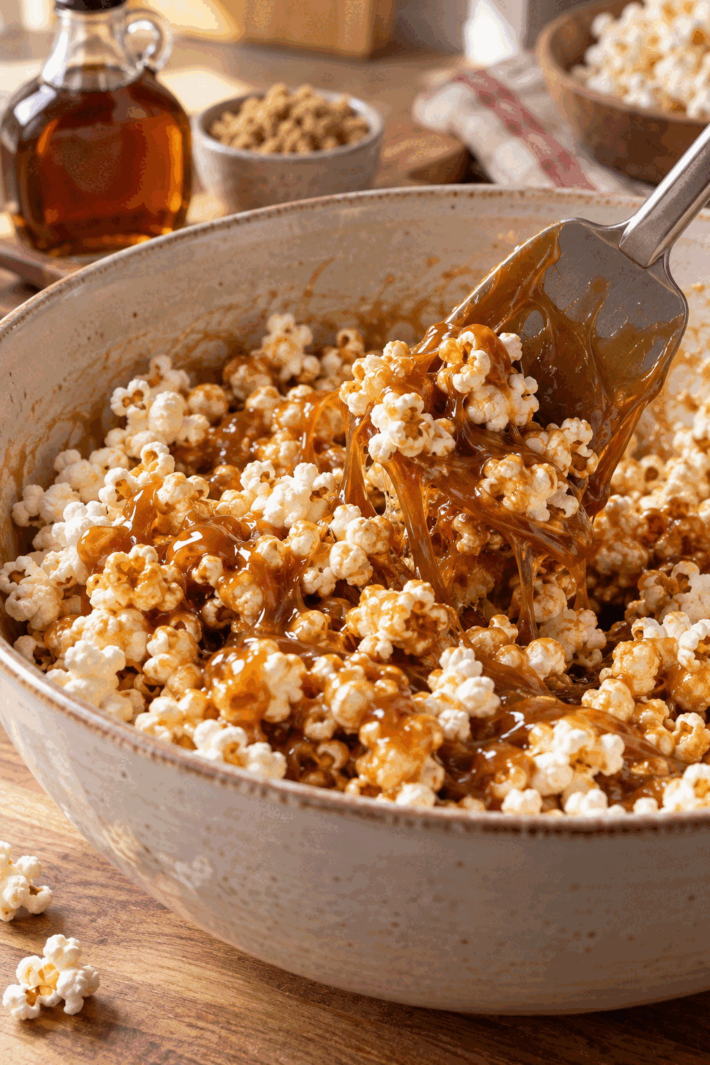 Caramel coating being folded through healthy caramel popcorn