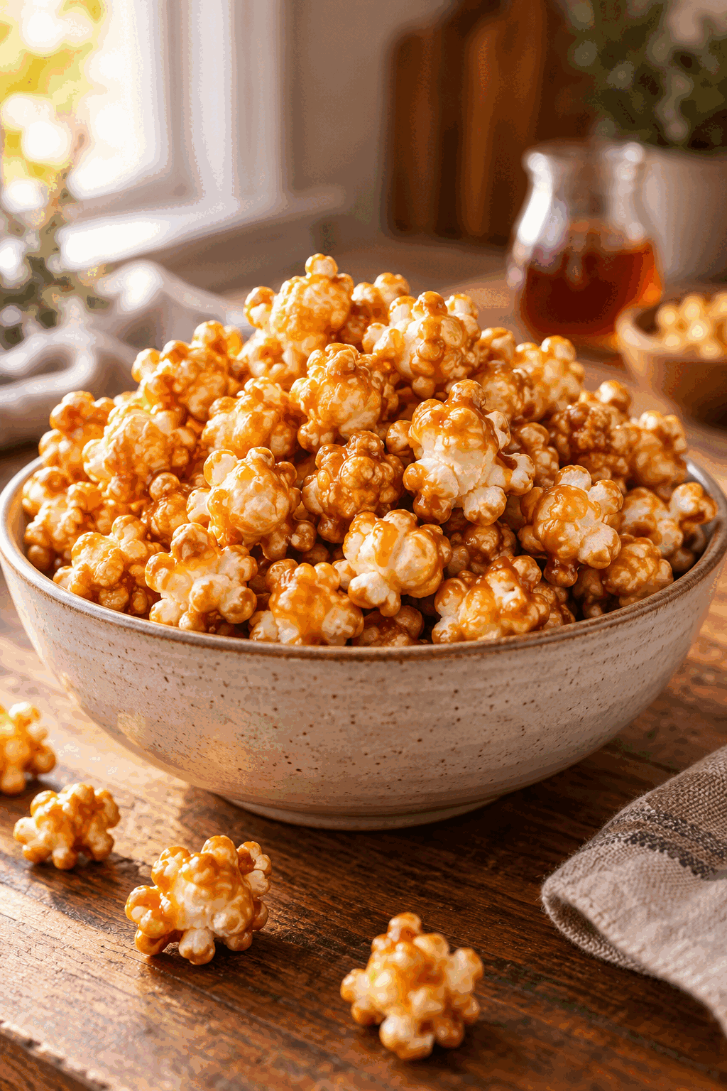 Bowl of healthy caramel popcorn with crisp golden clusters