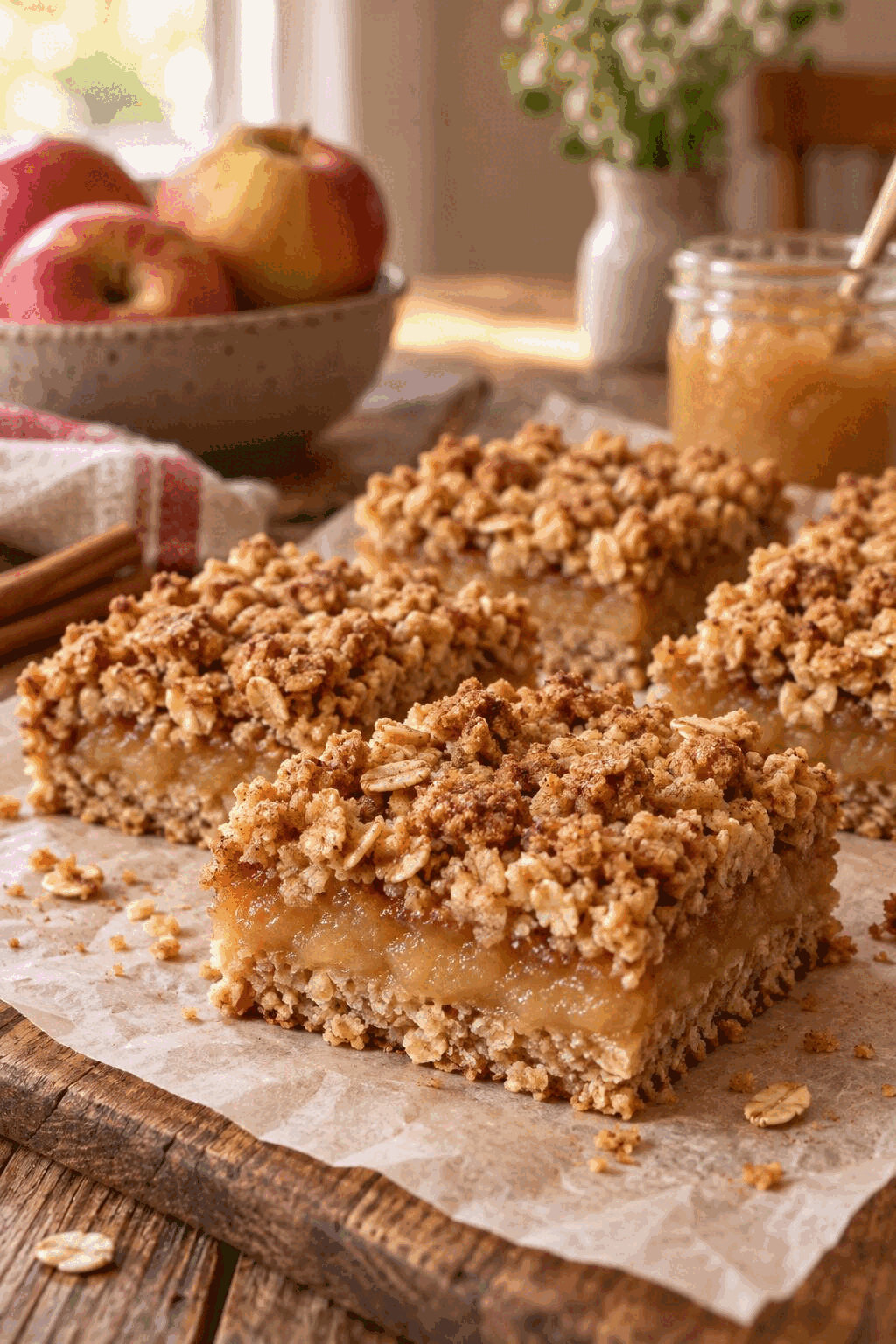 Homemade oatmeal bars with applesauce filling
