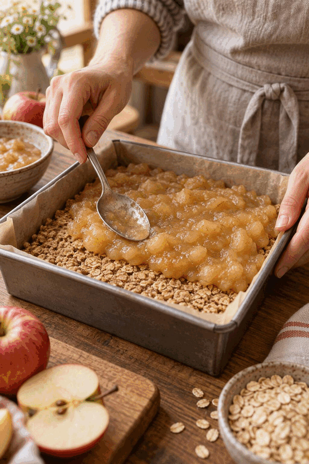 Layering homemade oatmeal bars before baking