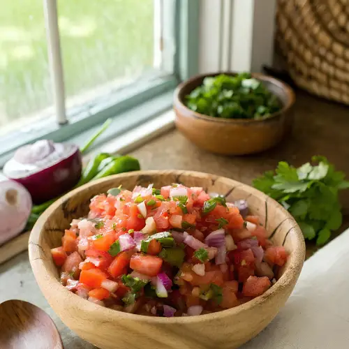 Finished homemade pico de gallo in the reserved kitchen scene