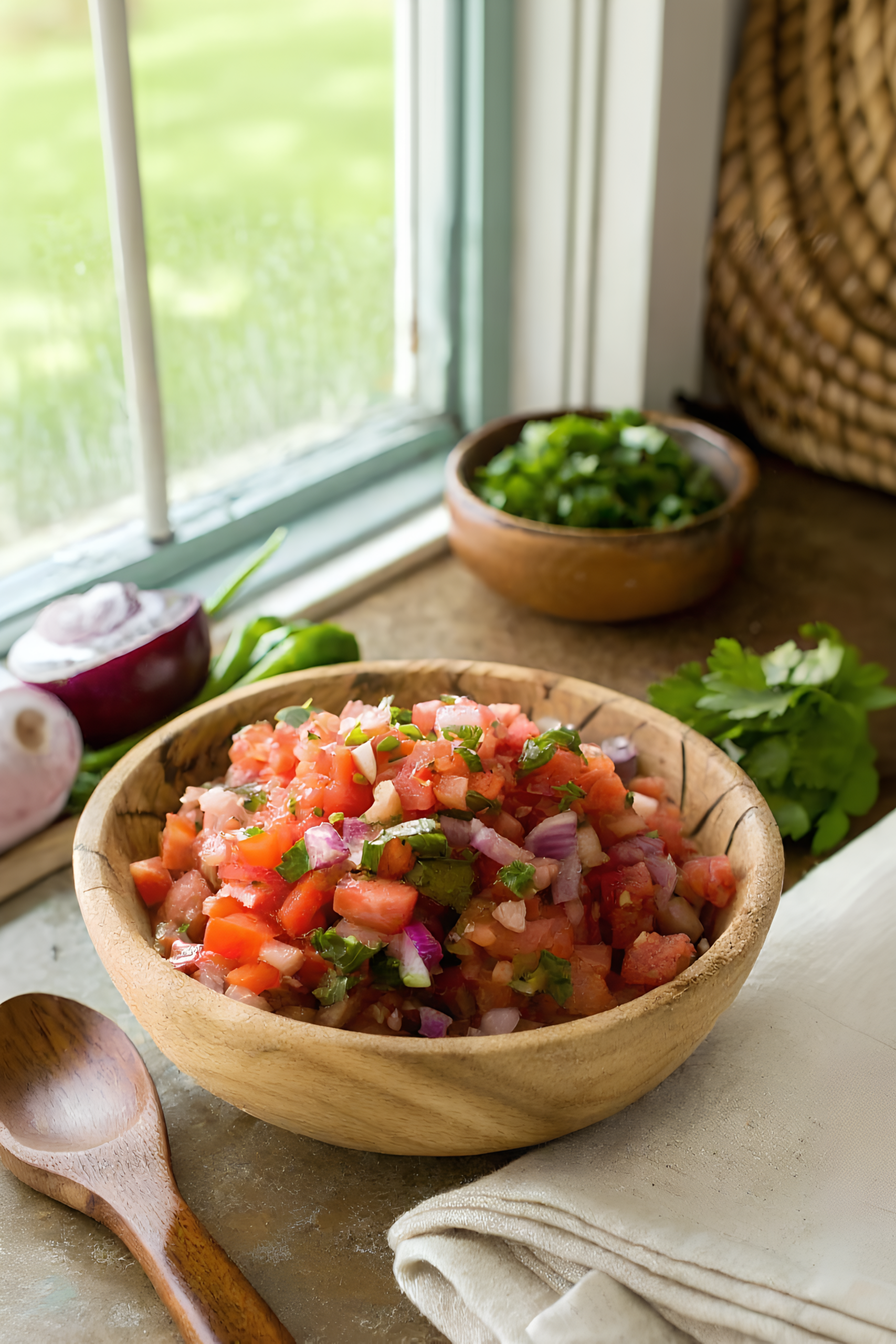 Finished homemade pico de gallo in the reserved kitchen scene