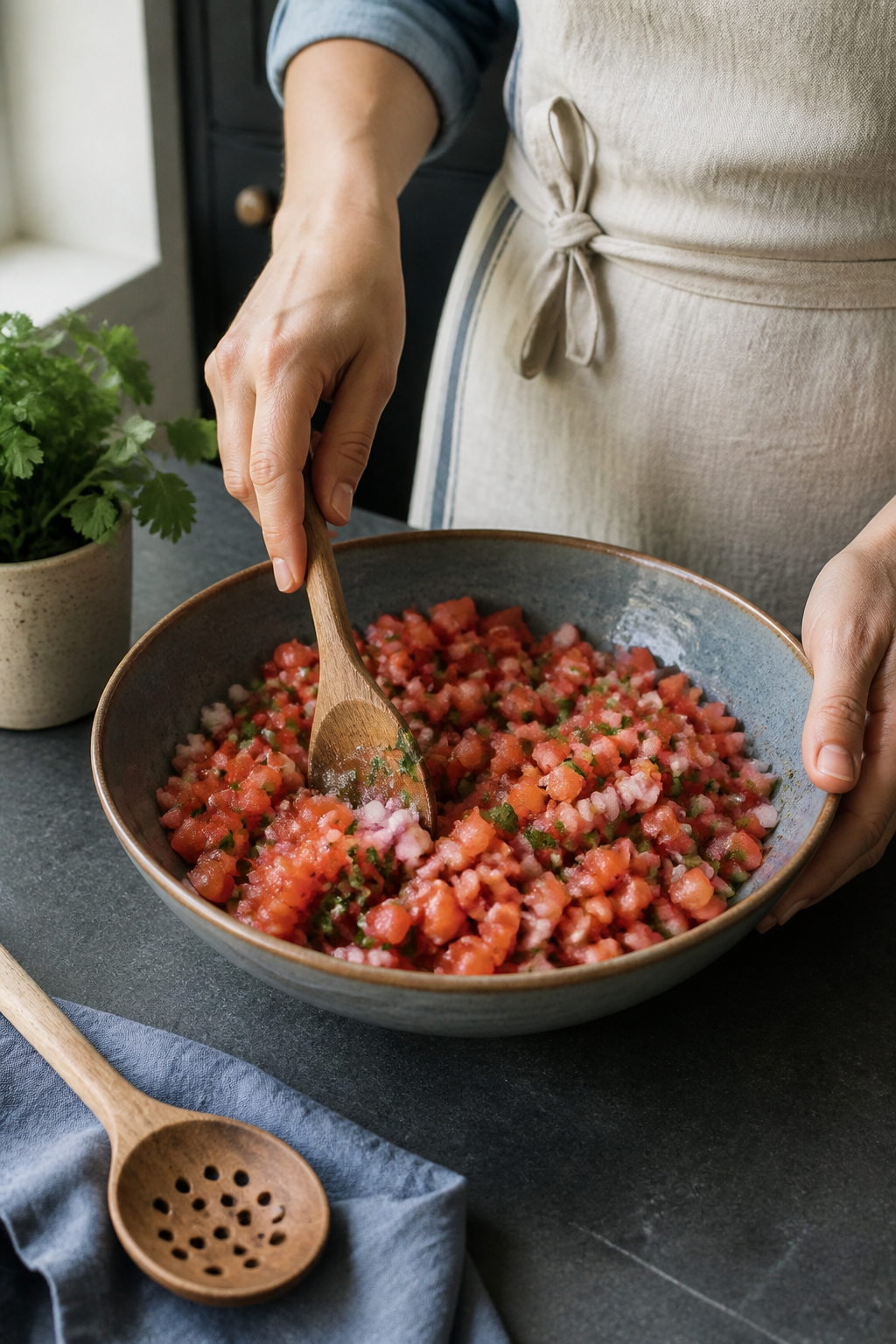 Preparing homemade pico de gallo in the reserved kitchen scene
