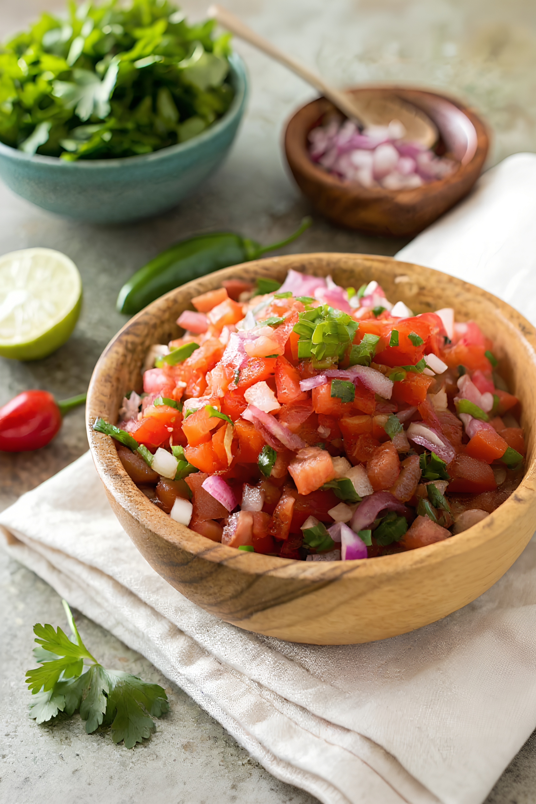 Close view of the finished homemade pico de gallo