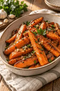 Honey garlic butter roasted carrots on a serving dish