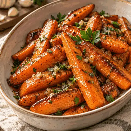 Honey garlic butter roasted carrots on a serving dish
