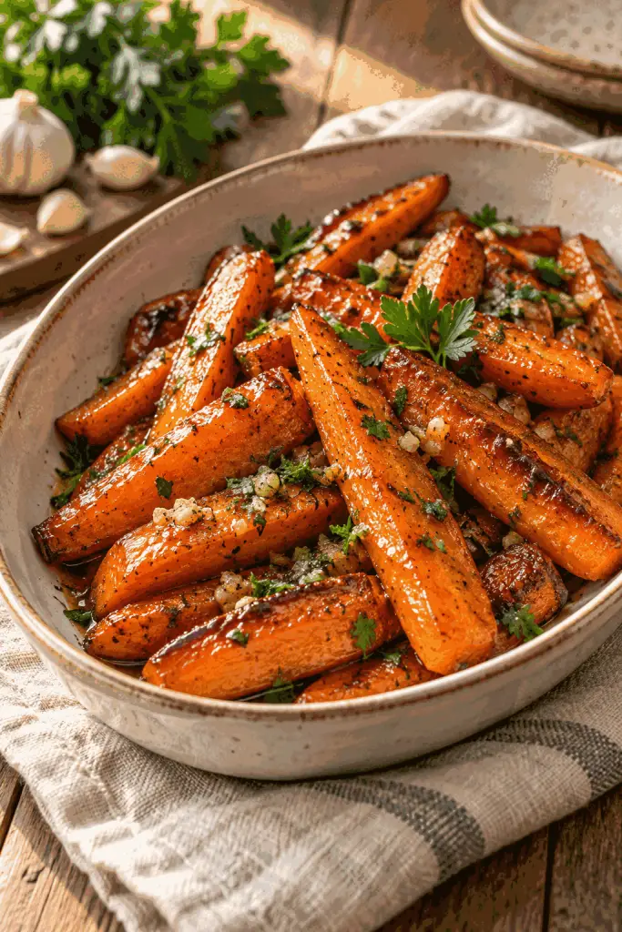 Honey garlic butter roasted carrots on a serving dish