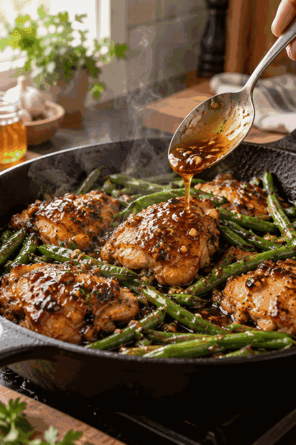 honey garlic chicken and green beans cooking in a skillet