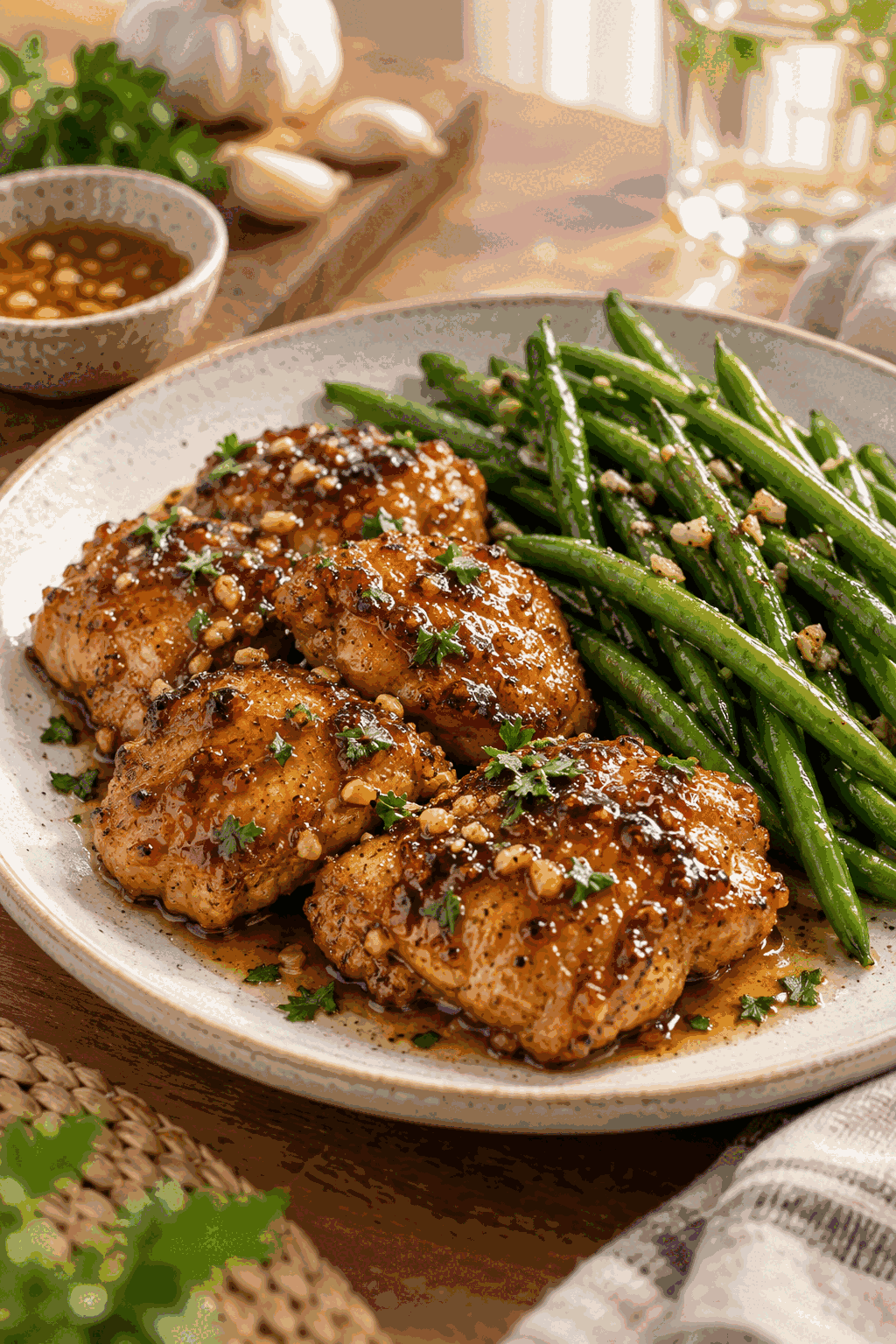 finished honey garlic chicken and green beans served for dinner