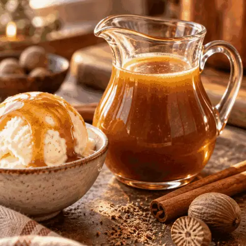 hot buttered rum sauce in a glass pitcher
