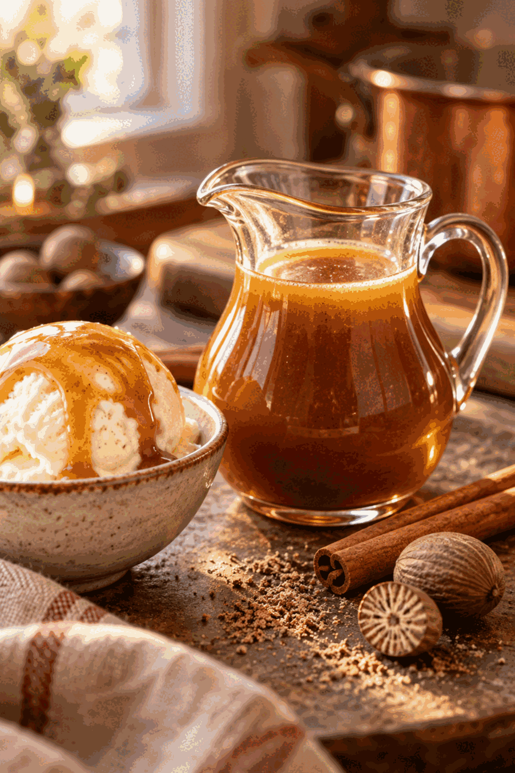 hot buttered rum sauce in a glass pitcher