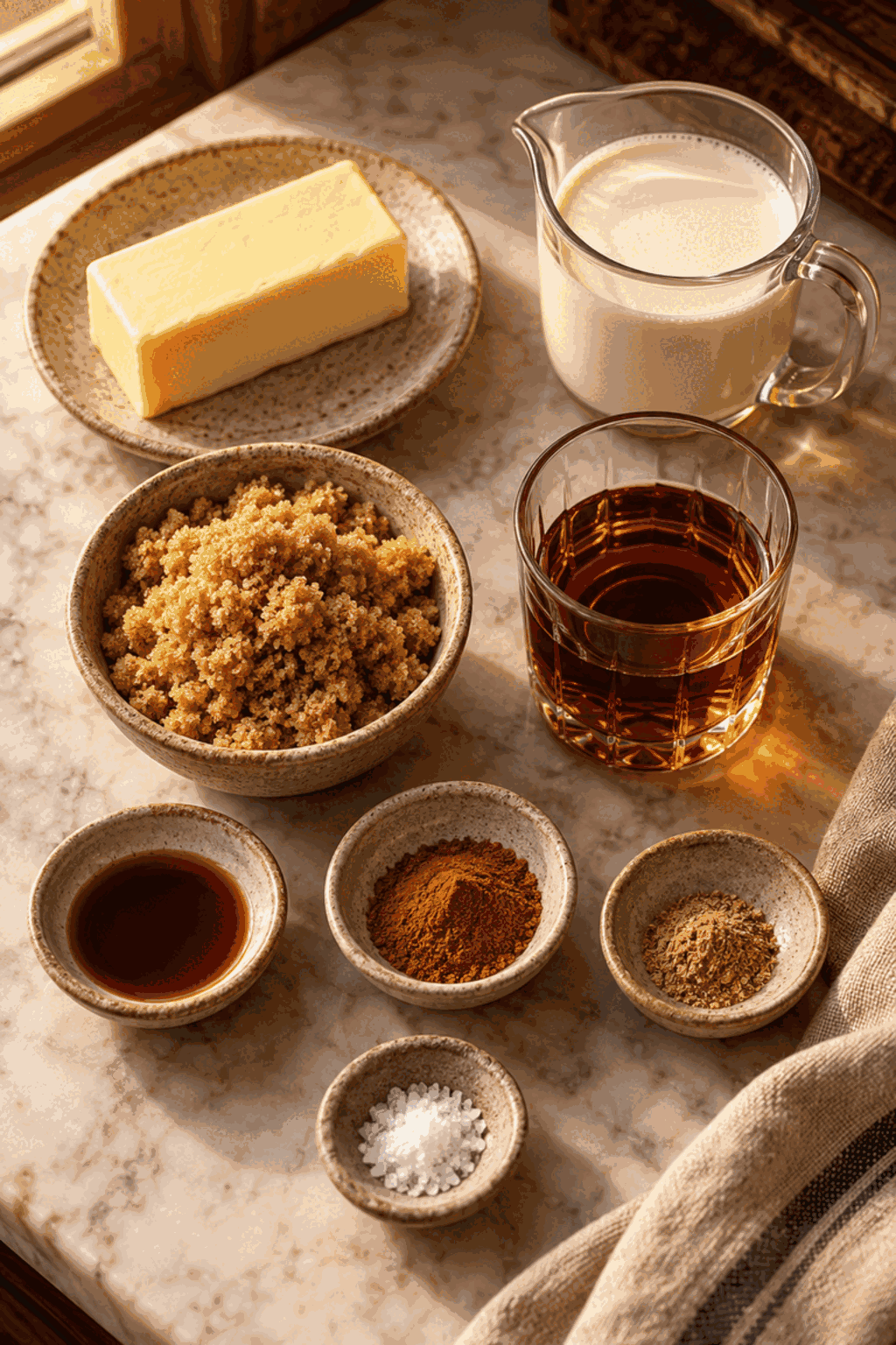 hot buttered rum sauce ingredients arranged for measuring