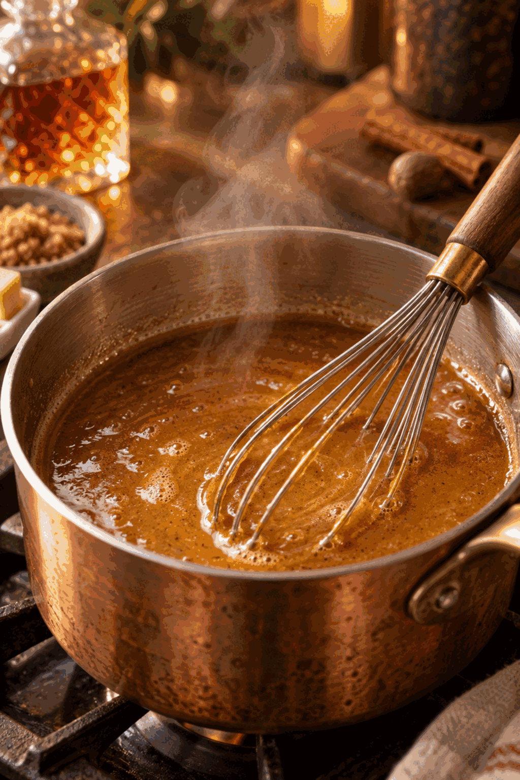 hot buttered rum sauce simmering until glossy