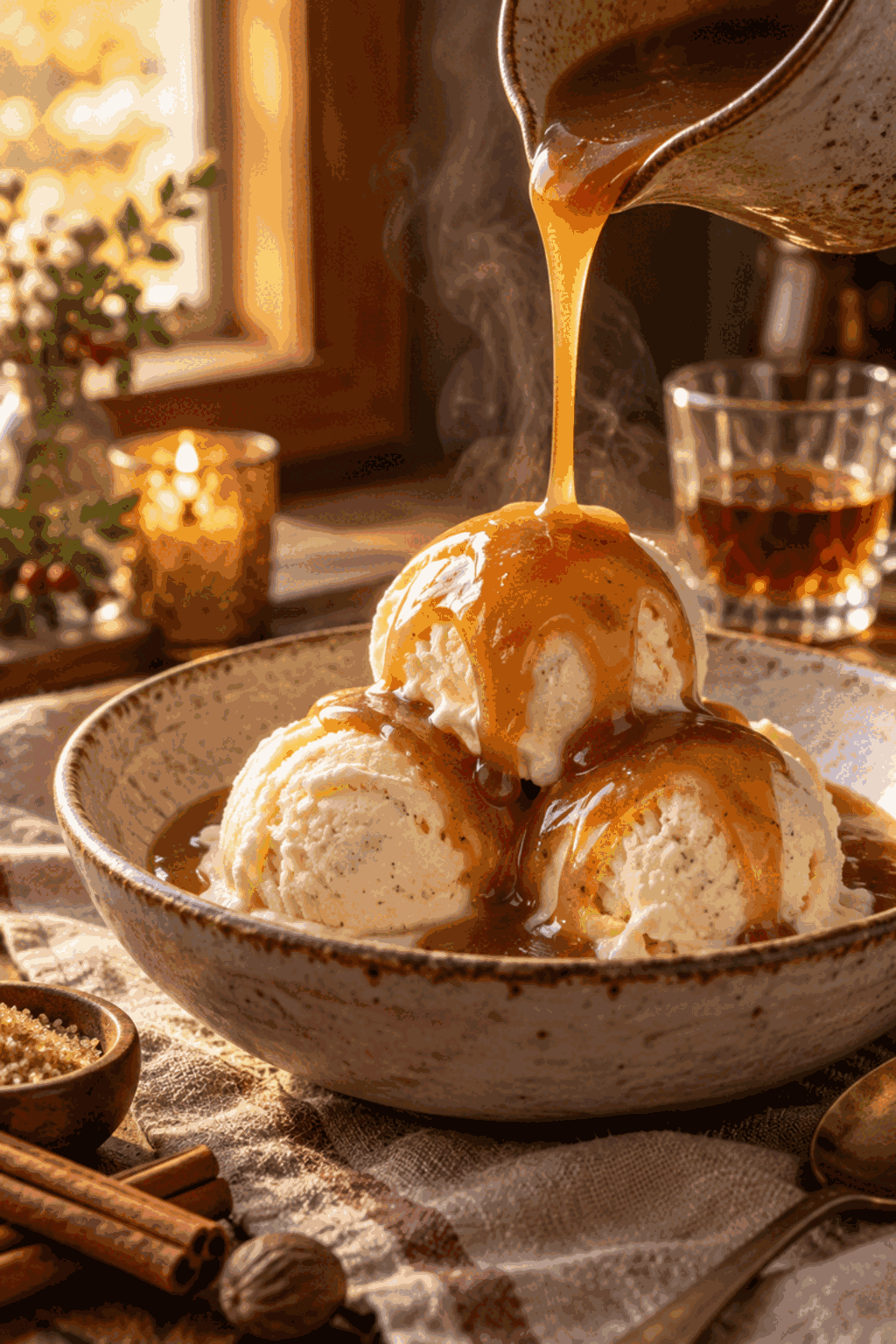 hot buttered rum sauce spooned over vanilla ice cream