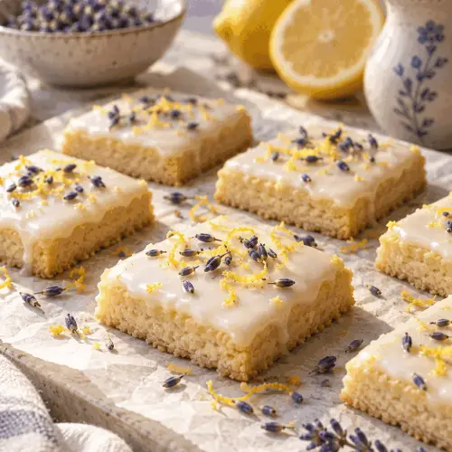 iced lemon lavender shortbread cookies finished with lemon icing