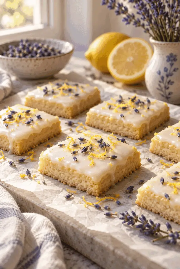 iced lemon lavender shortbread cookies finished with lemon icing