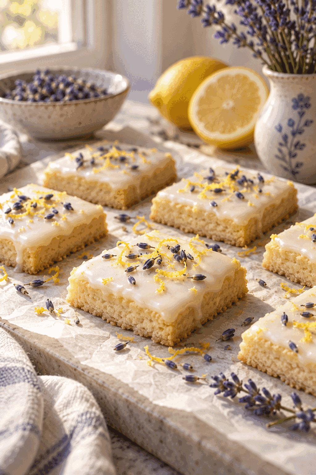 iced lemon lavender shortbread cookies finished with lemon icing