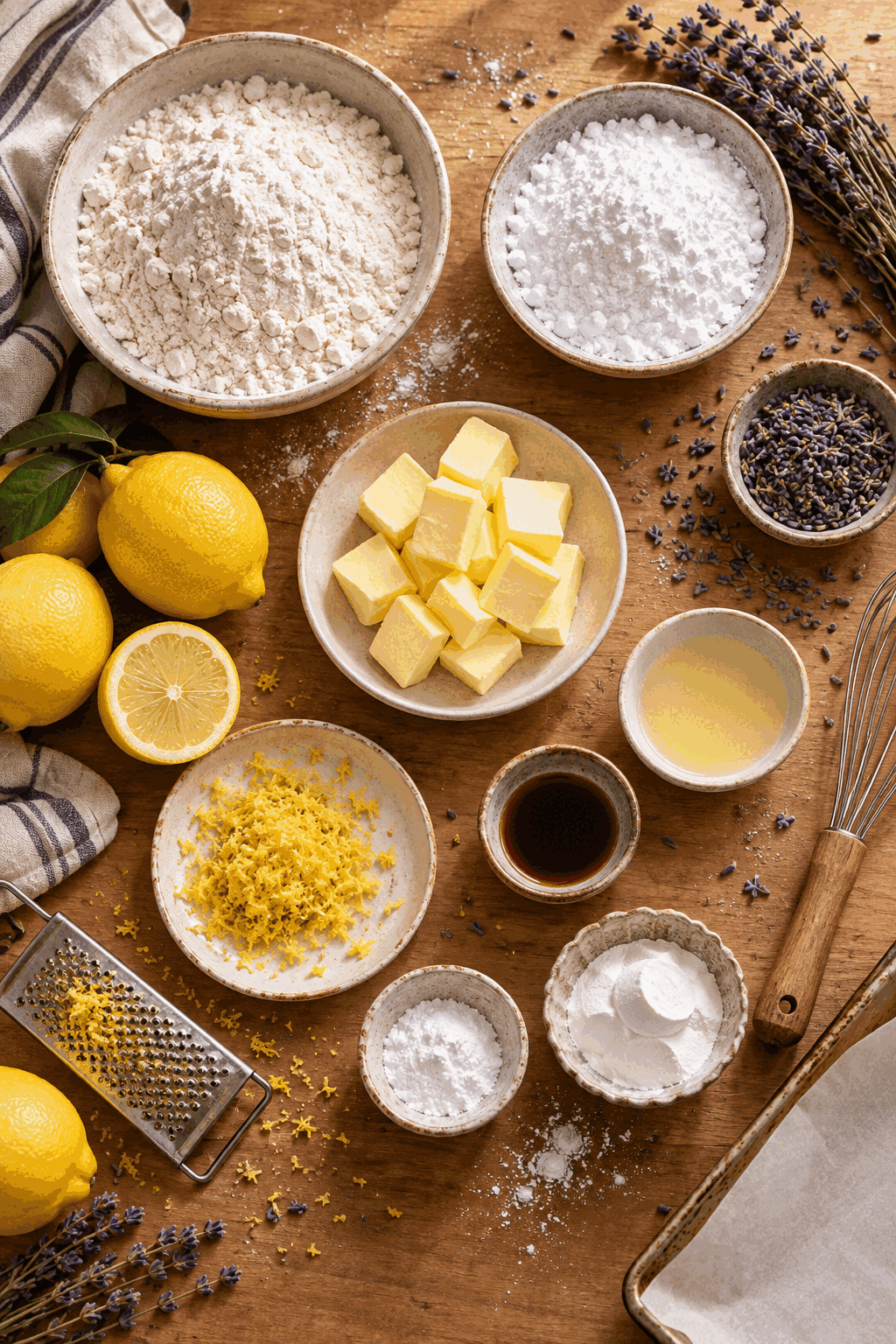 iced lemon lavender shortbread cookies ingredients measured and arranged