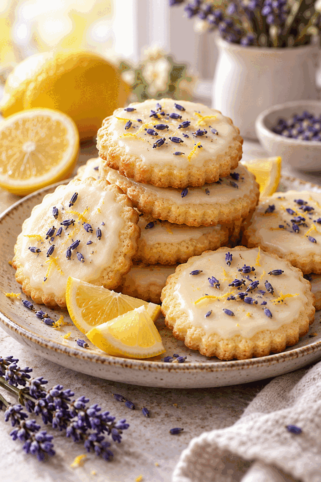iced lemon lavender shortbread cookies served on a plate