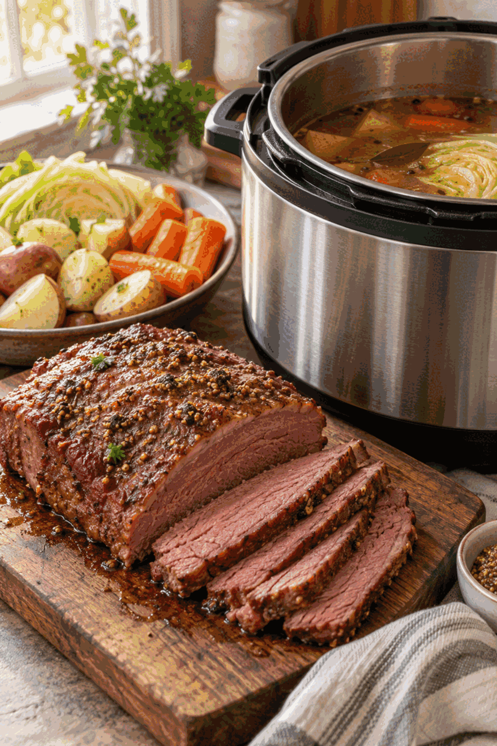 Instant Pot corned beef and cabbage cooking with vegetables