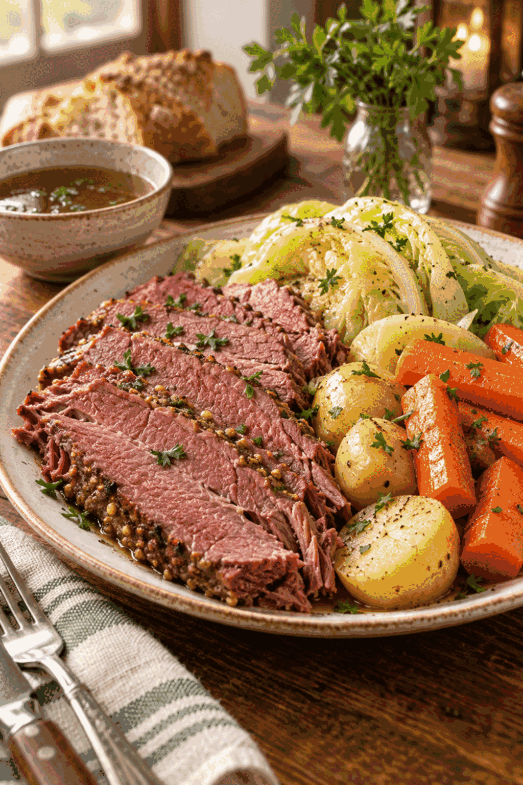 Sliced Instant Pot corned beef and cabbage with potatoes and carrots