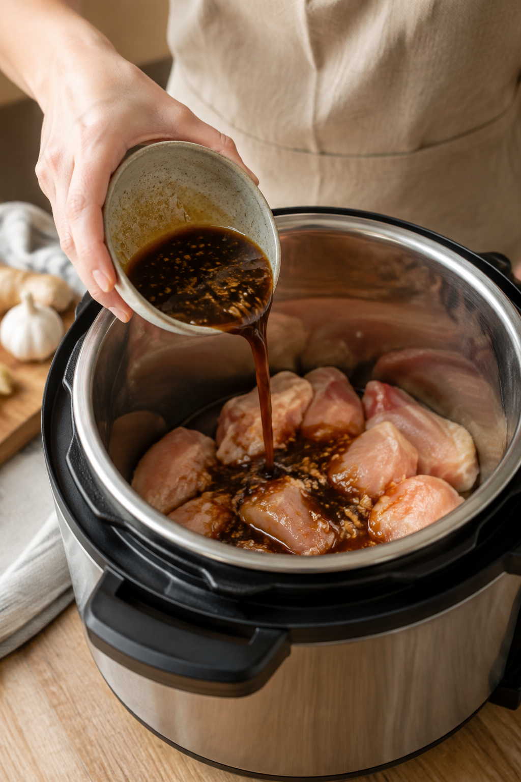 Preparing Instant Pot honey sesame chicken step by step