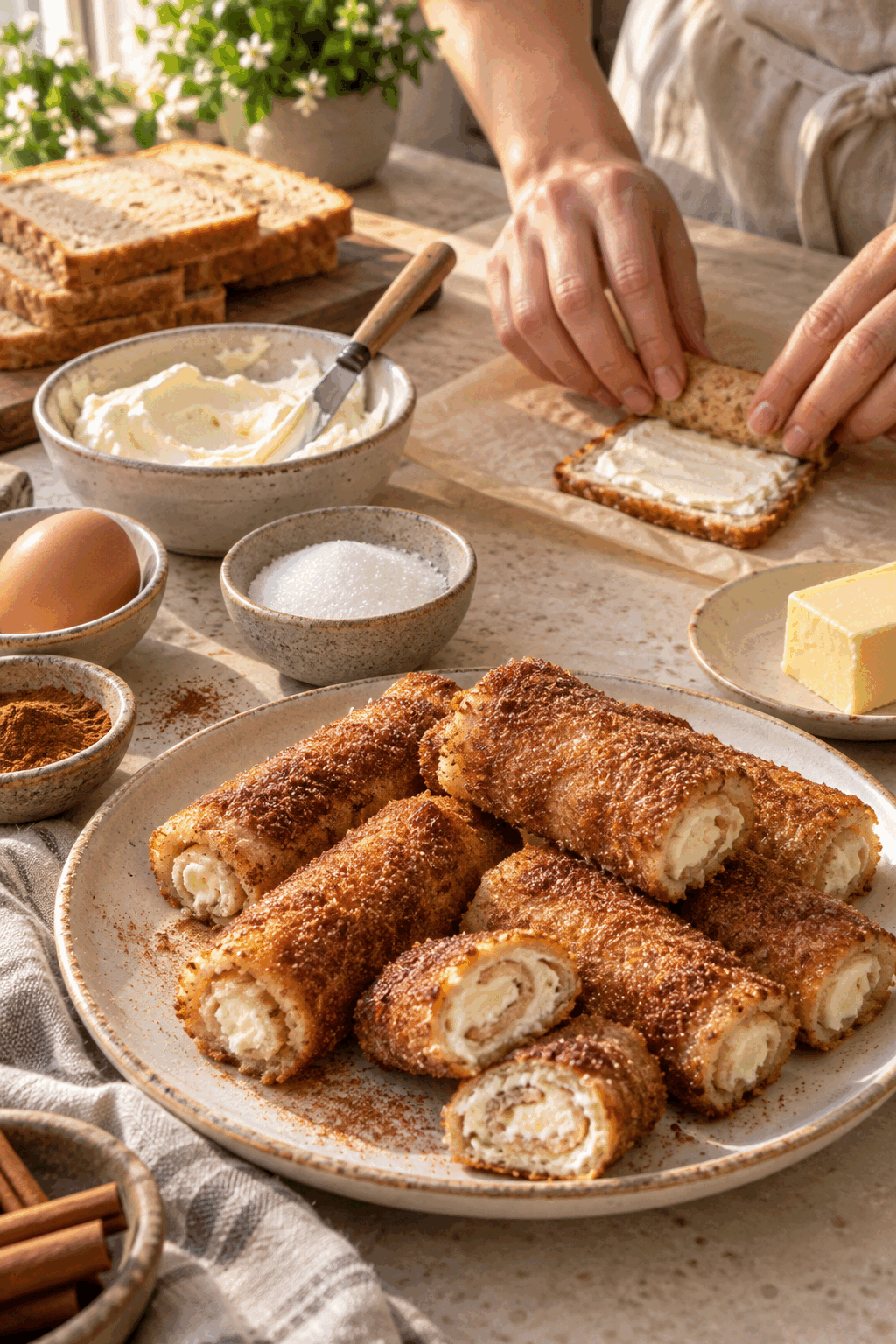 rolling and coating keto cinnamon cream cheese roll ups