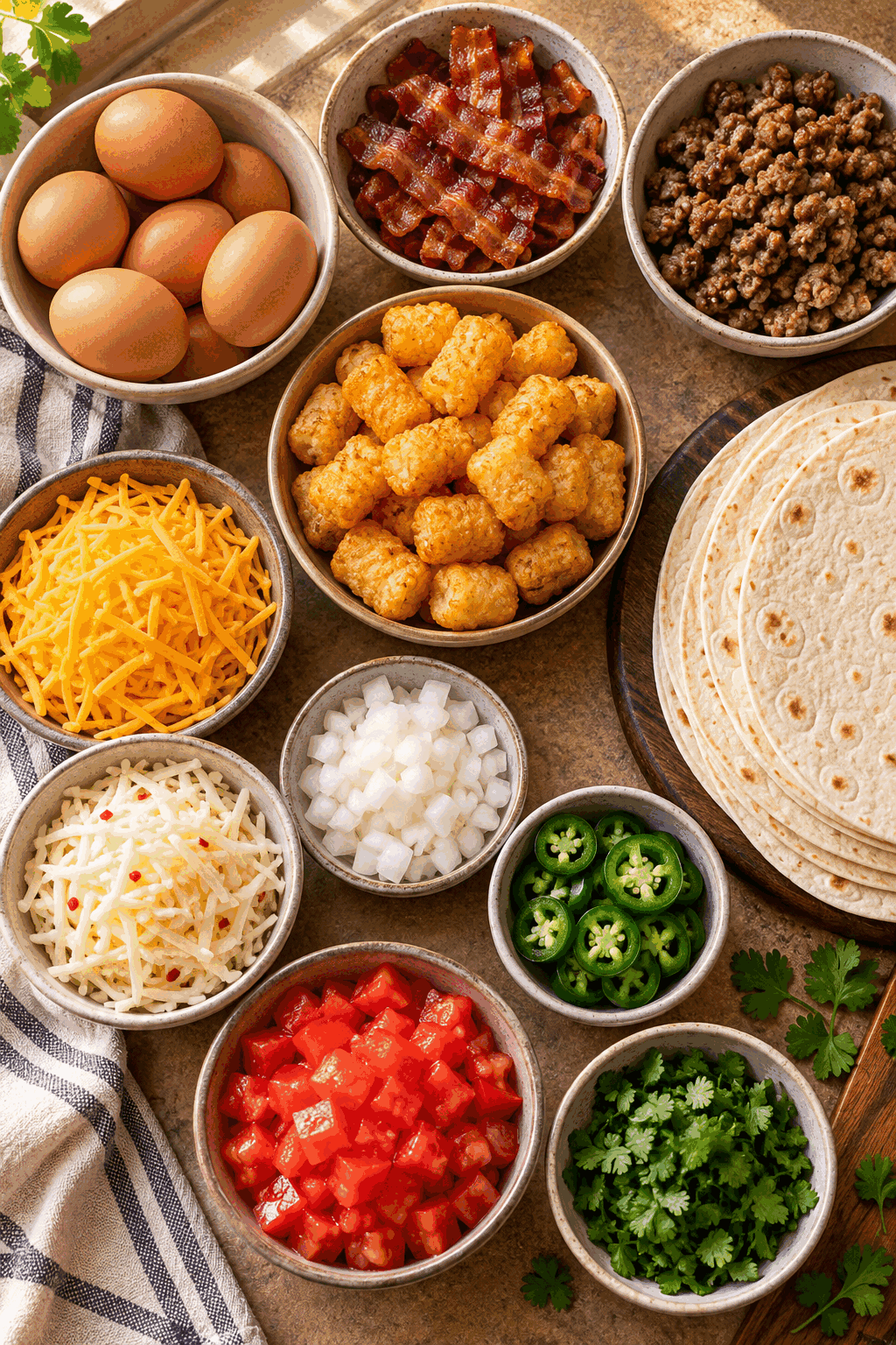 loaded breakfast burrito ingredients arranged for prep