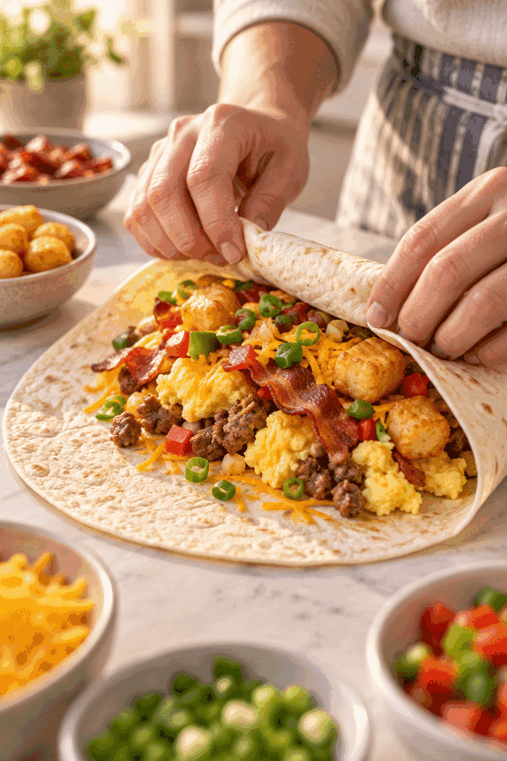 assembling a loaded breakfast burrito