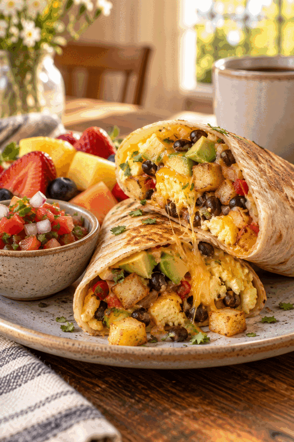 sliced loaded breakfast burrito with eggs and cheese