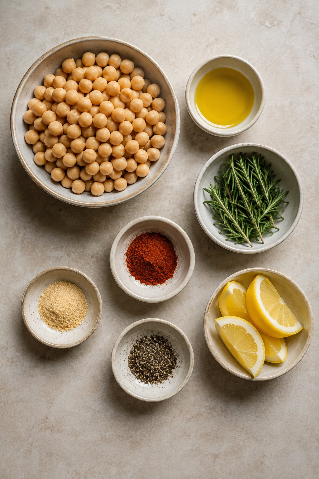 low sodium roasted chickpea ingredients arranged in bowls