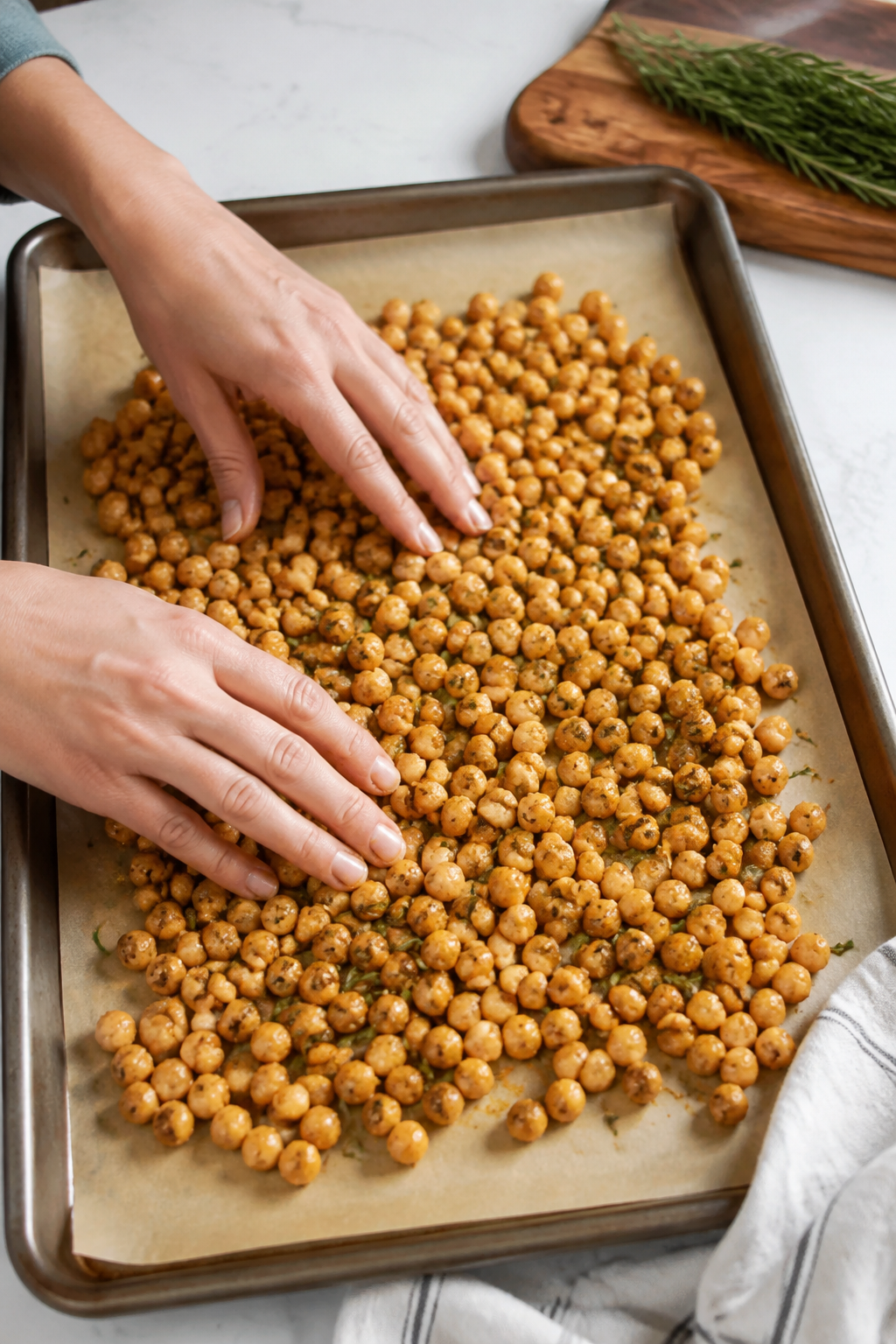 seasoned chickpeas spread on a baking sheet before roasting